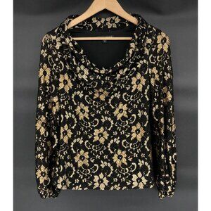 Boston Proper Embellished Cowl Neck Lace Top XS Floral Sheer Sleeves Old Money